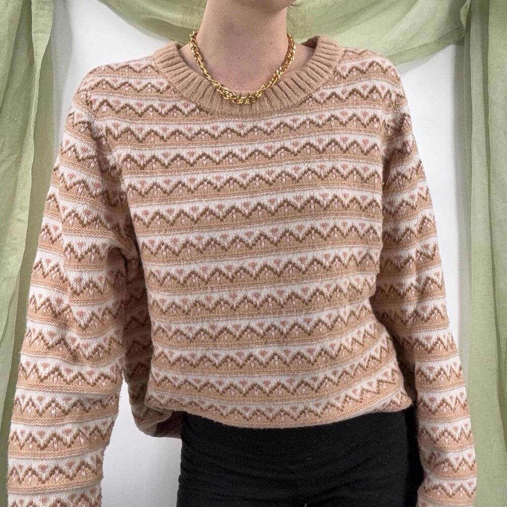 Croft And Barrow Heart Knit Tan Cream Pink Sweater XL